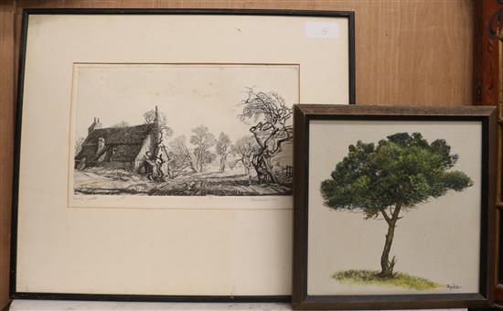 Dykie Wallace, oil on canvas, study of a pine tree, 25 x 25cm and an etching by Charles Chaplin. 20 x 24cm